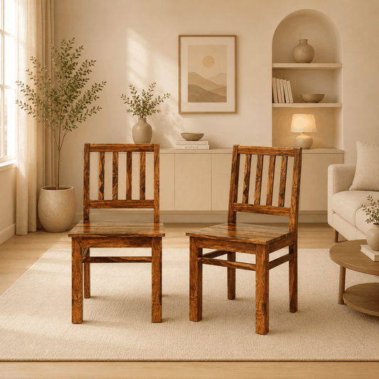 Two wooden chairs in a living room with decor elements.
