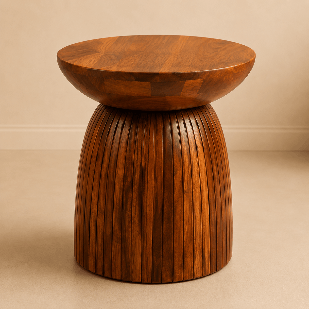 Wooden side table with a unique design on a beige background