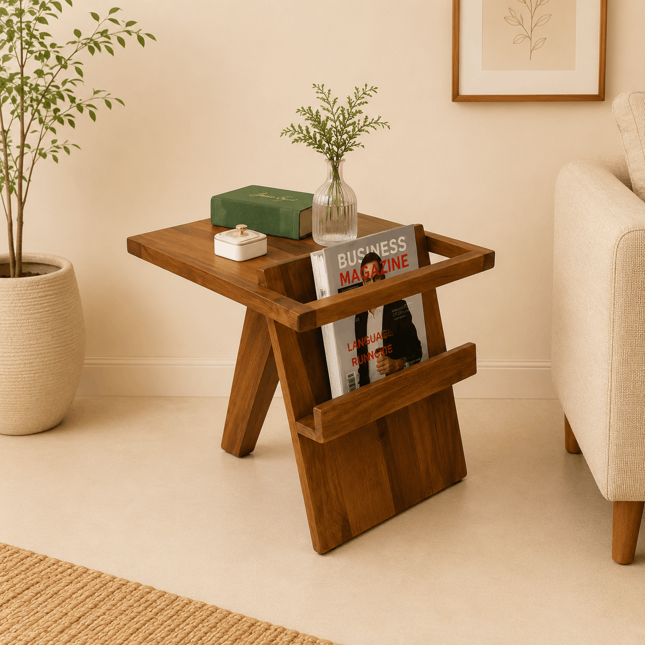 Wooden side table with magazines and a plant in a living room setting