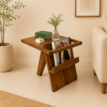 Wooden side table with magazines and a plant in a living room setting