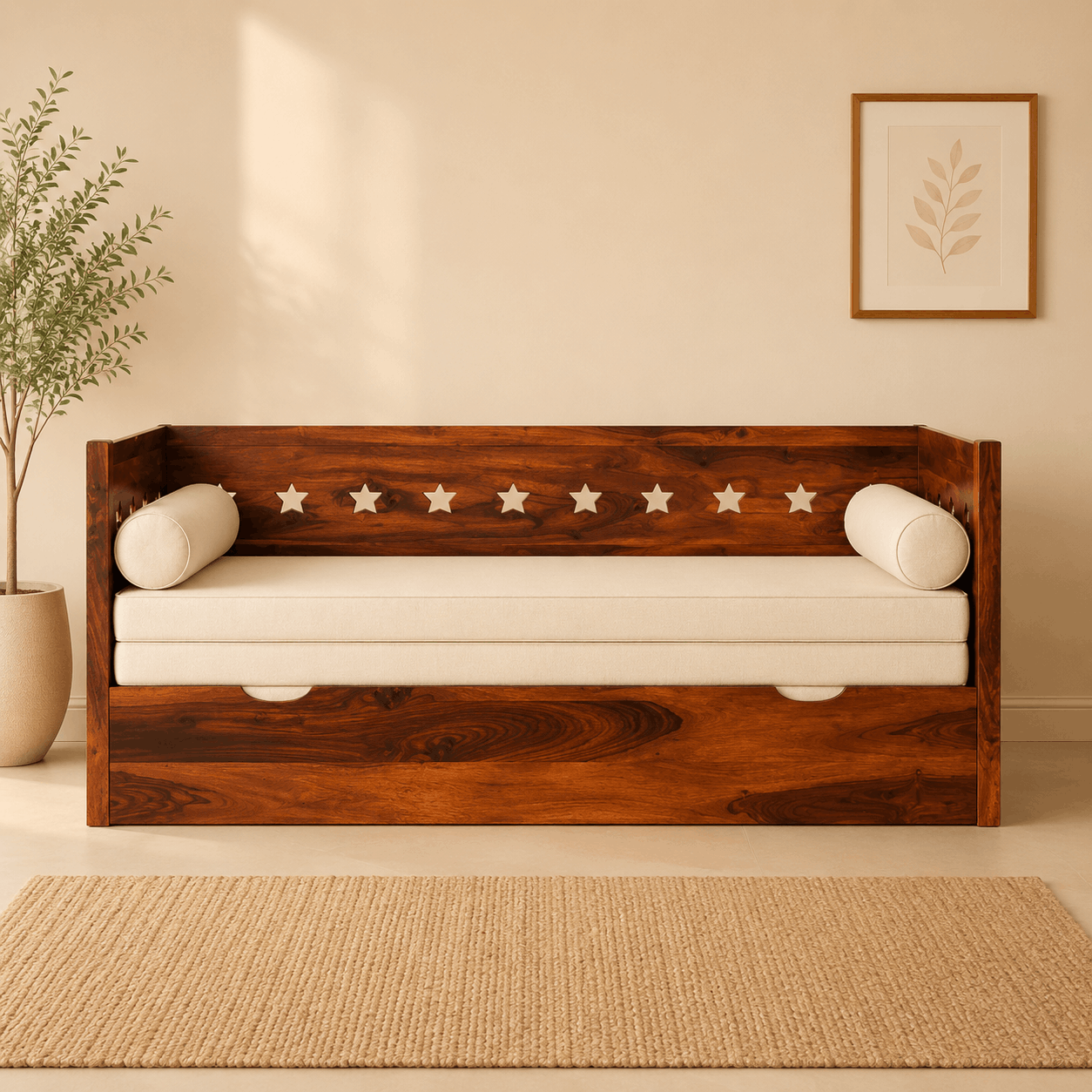 Wooden daybed with white cushions in a room with a plant and framed picture on the wall.