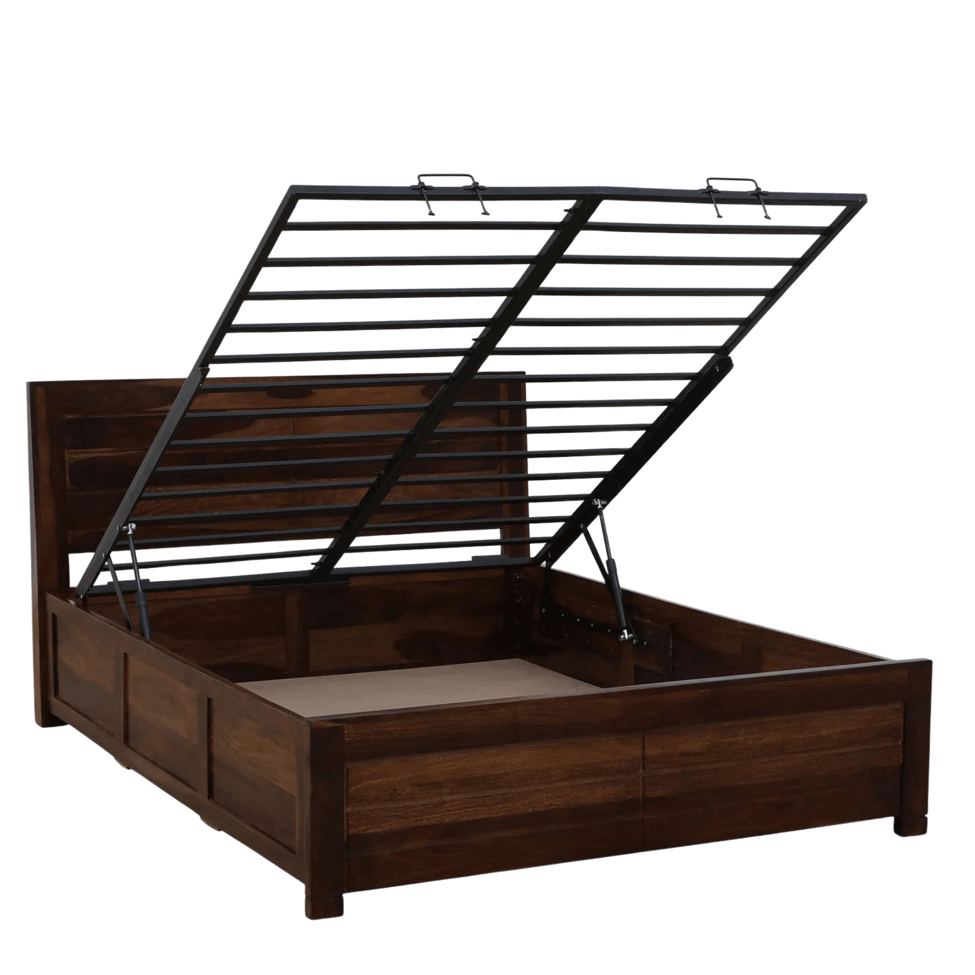 Wooden bed frame with metal headboard on a white background