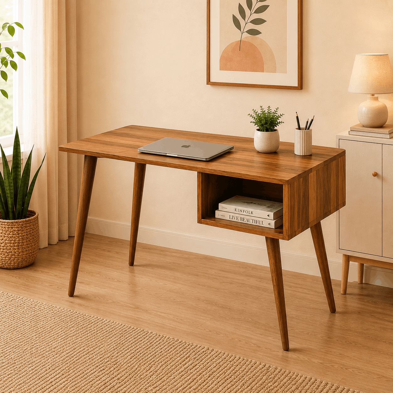 Wooden desk in a home office with a laptop, books, and plants.
