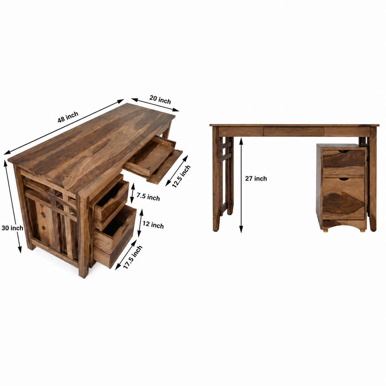 Wooden desk with dimensions labeled on a white background