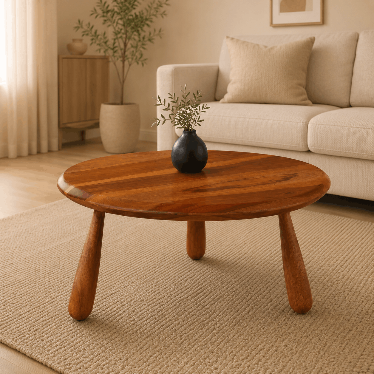 Wooden coffee table with a vase on it in a living room setting