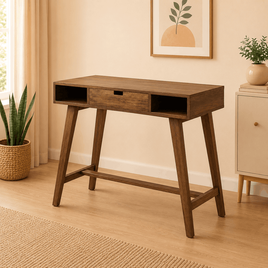 Wooden desk in a room with plants and a painting on the wall