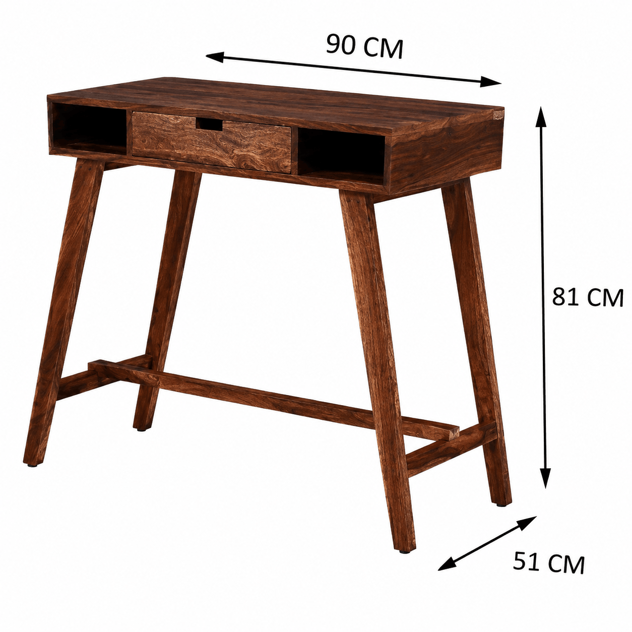 Wooden desk with dimensions labeled on a white background