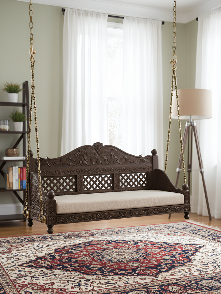 Handcrafted Wooden Jhoola Swing with Brass Chains & Cushion | Traditional Royal Carved Design