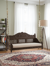 Handcrafted Wooden Jhoola Swing with Brass Chains & Cushion | Traditional Royal Carved Design