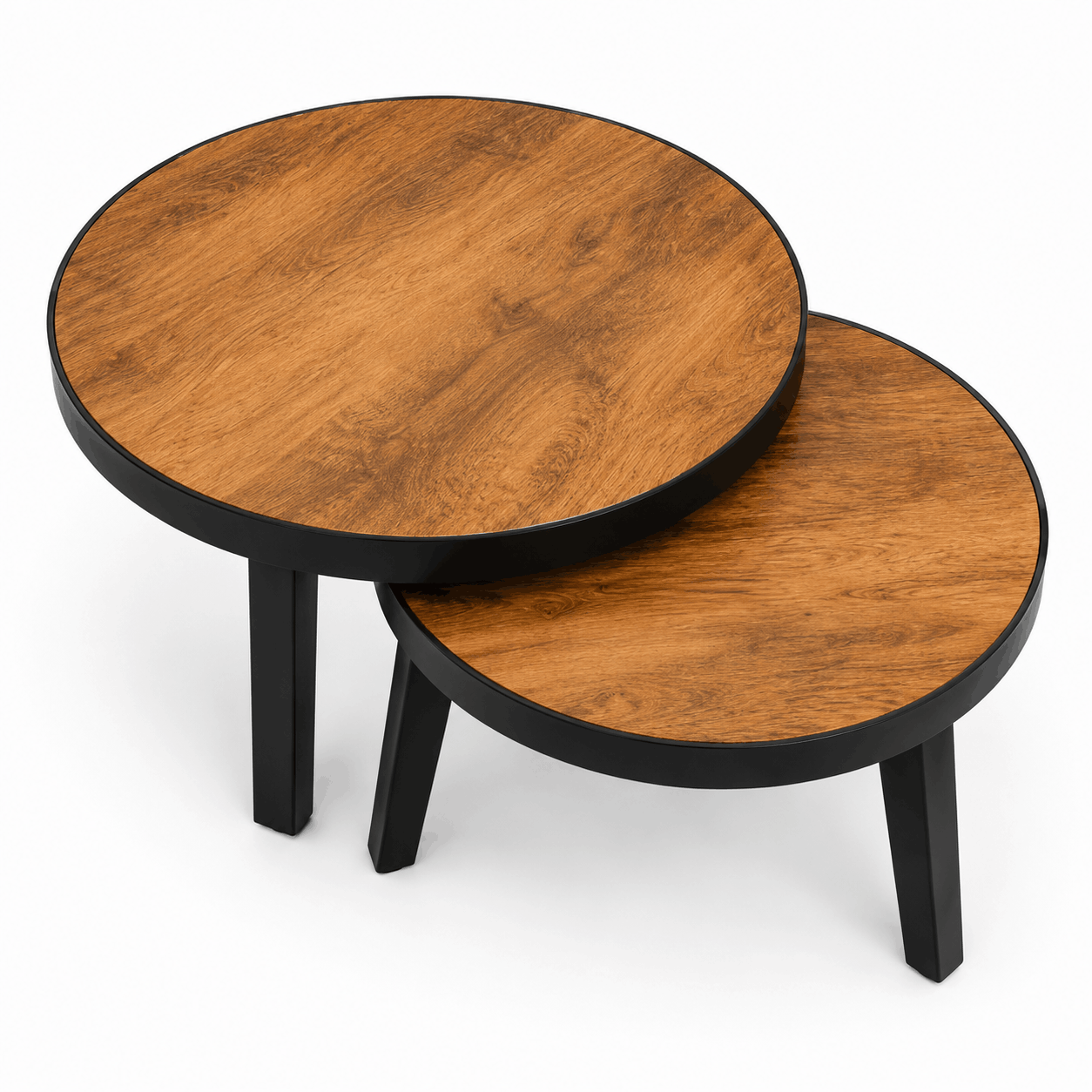 Two wooden round tables with black legs on a white background
