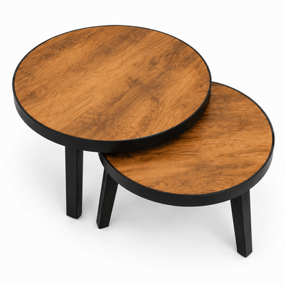 Two wooden round tables with black legs on a white background