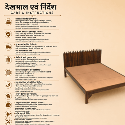 Wooden bed frame with care and instructions on a beige background