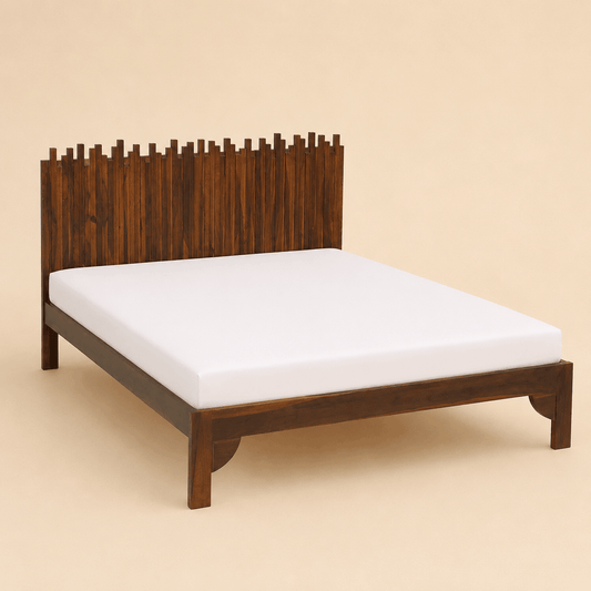 Wooden bed with unique headboard design on a beige background