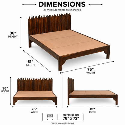 Wooden bed frame with dimensions labeled on a white background