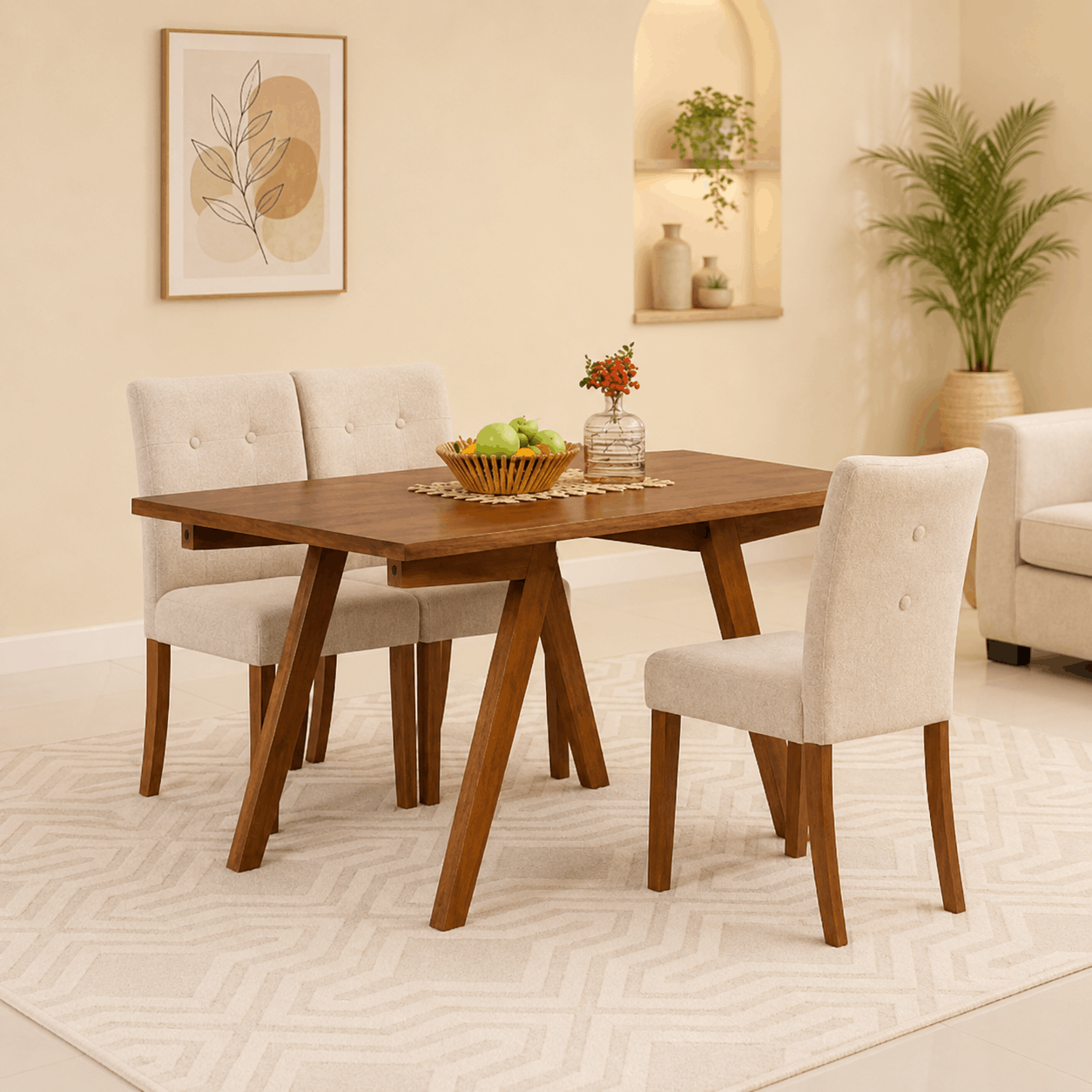 Dining room with wooden table and chairs, decorative elements, and plants.
