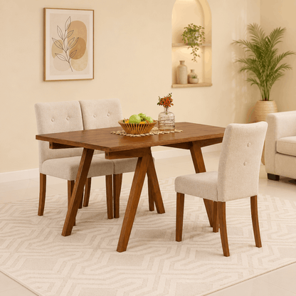 Dining room with wooden table and chairs, decorative elements, and plants.
