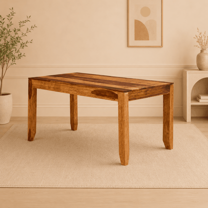 Wooden dining table in a room with a plant and framed picture on the wall.