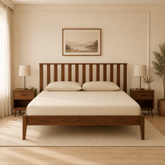 Wooden bed in a bedroom with beige walls, nightstands, and lamps.
