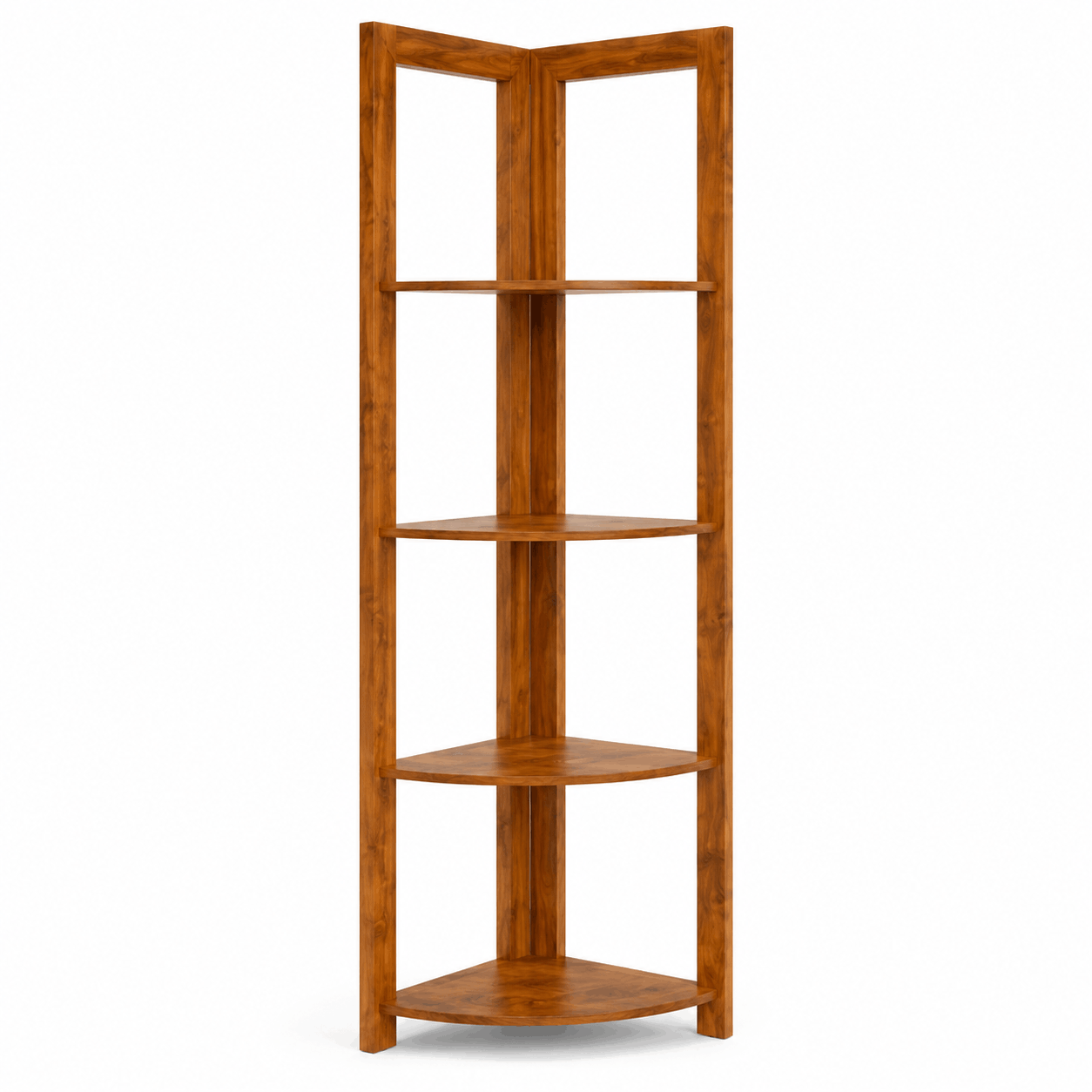 Wooden corner shelf with four shelves on a white background