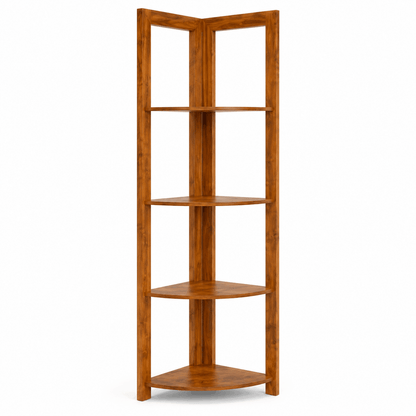 Wooden corner shelf with four shelves on a white background