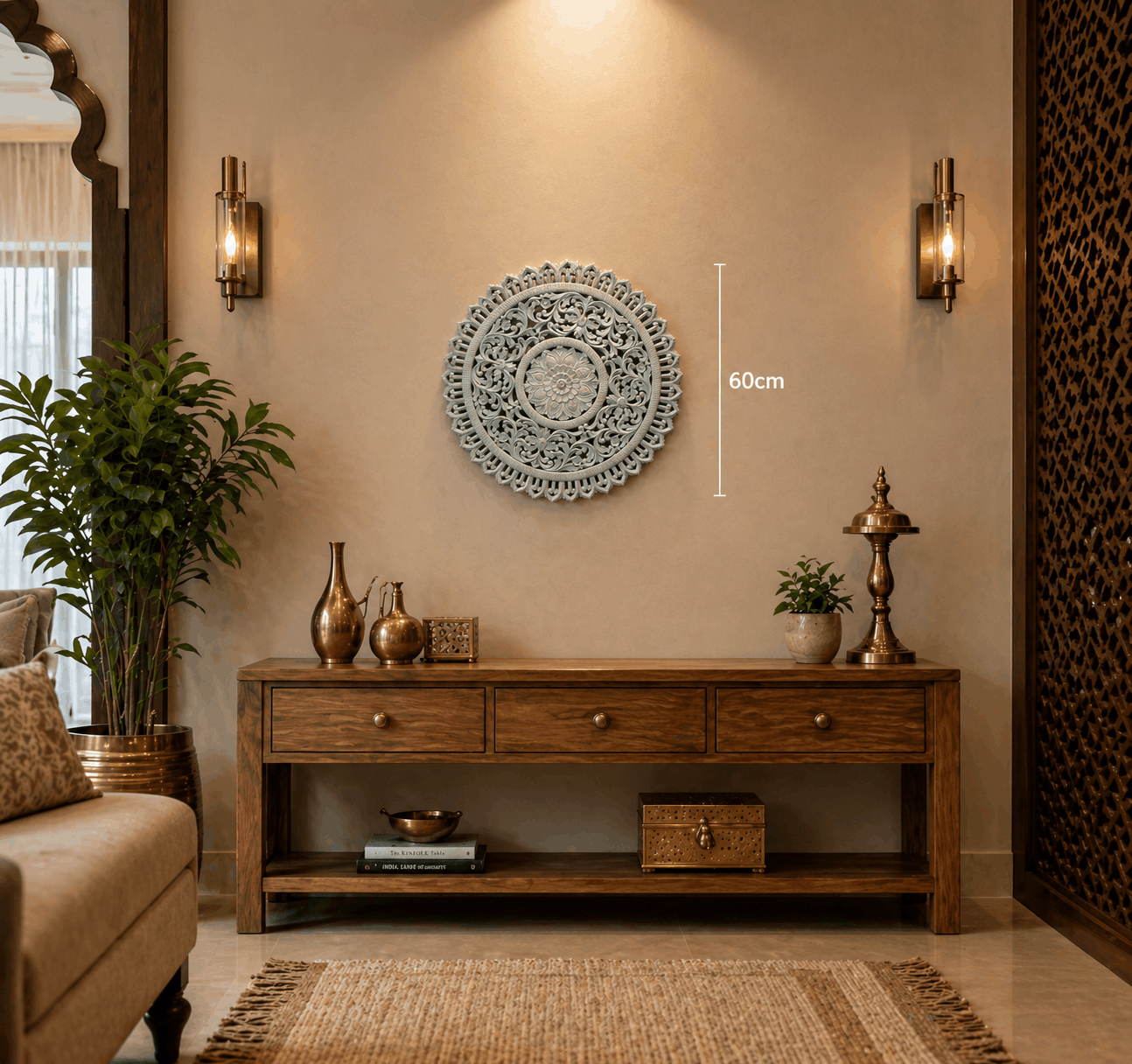 Decorative wall art above a wooden console table in a living room setting.