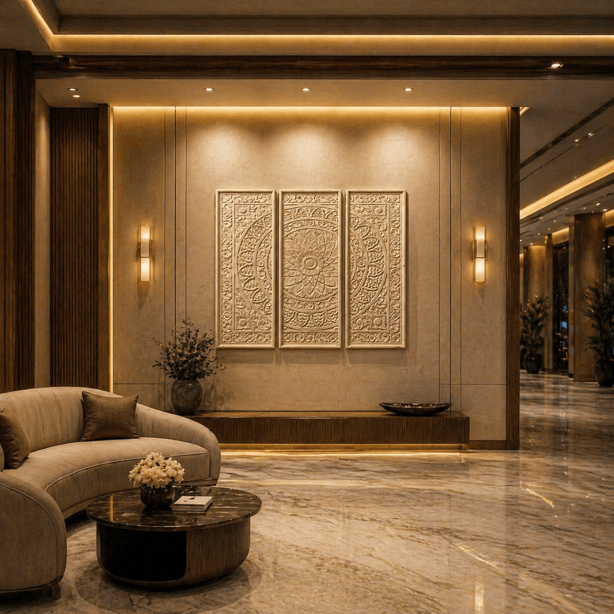 Luxurious interior of a hotel lobby with decorative wall art and furniture.