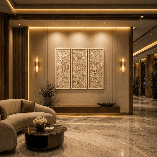 Luxurious interior of a hotel lobby with decorative wall art and furniture.
