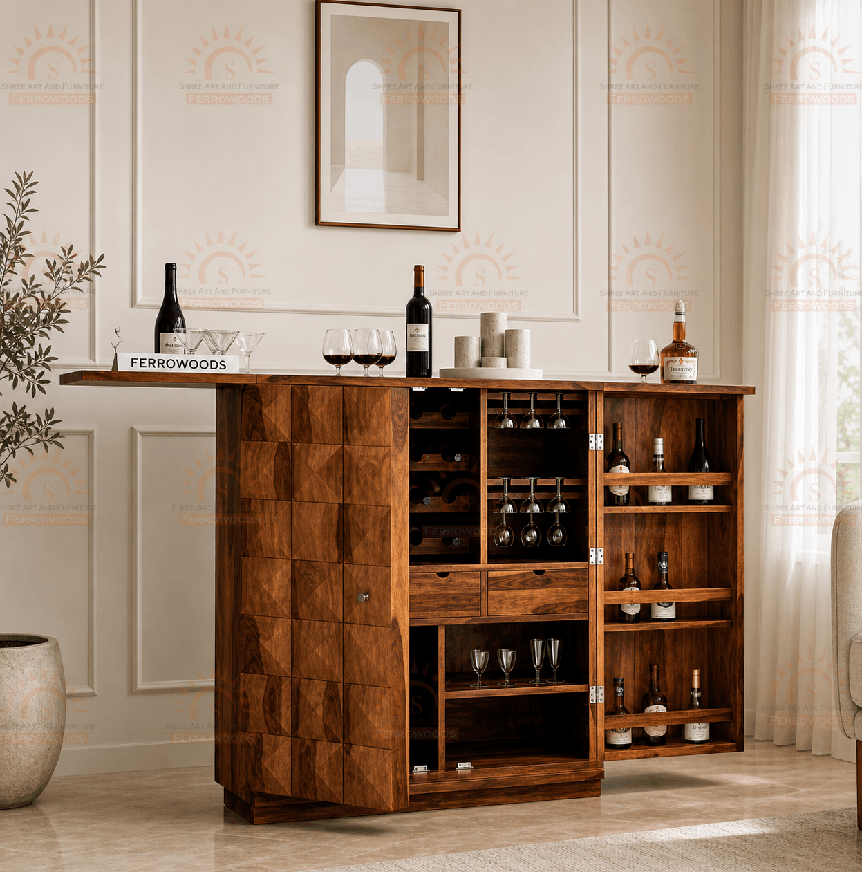 Wooden bar cabinet with wine bottles and glasses in a room with decorative wall art.