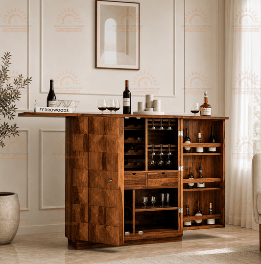 Wooden bar cabinet with wine bottles and glasses in a room with decorative wall art.