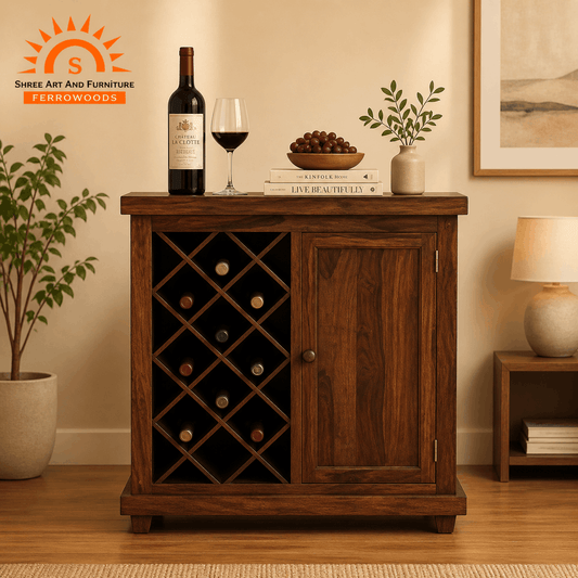 Wooden wine cabinet with wine bottles, a bottle of red wine, and a glass on a wooden floor.