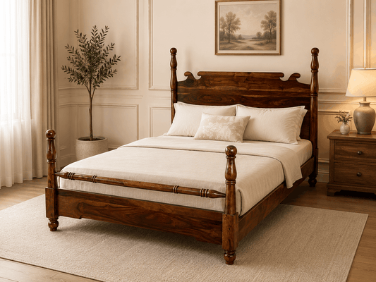 Wooden bed with white bedding in a bedroom setting