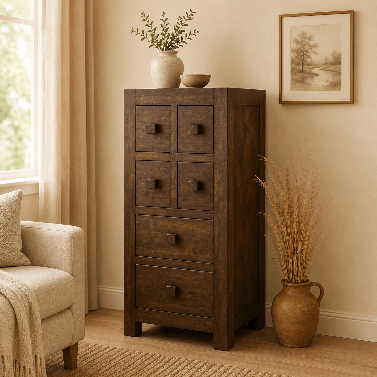 Wooden dresser in a room with a chair, plant, and framed picture.