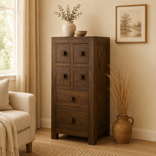 Wooden dresser in a room with a chair, plant, and framed picture.