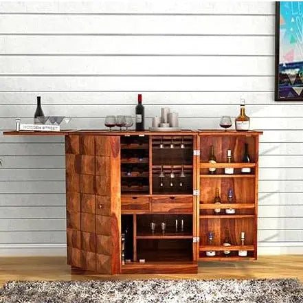 Ferrowoods solid wood bar cabinet in honey finish with modern design and wine storage shelves
